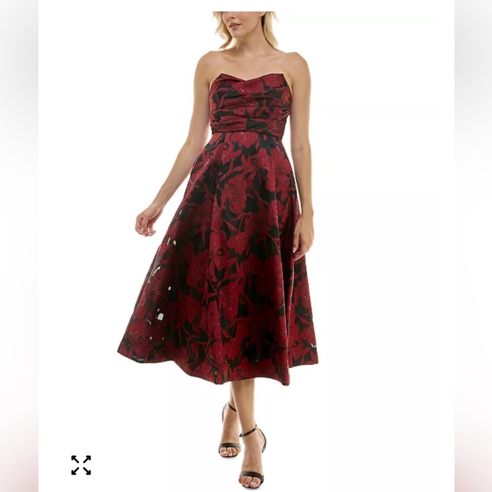 NWT Taylor Women’s 12 Metallic Jacquard Strapless Midi Dress Red Floral Formal